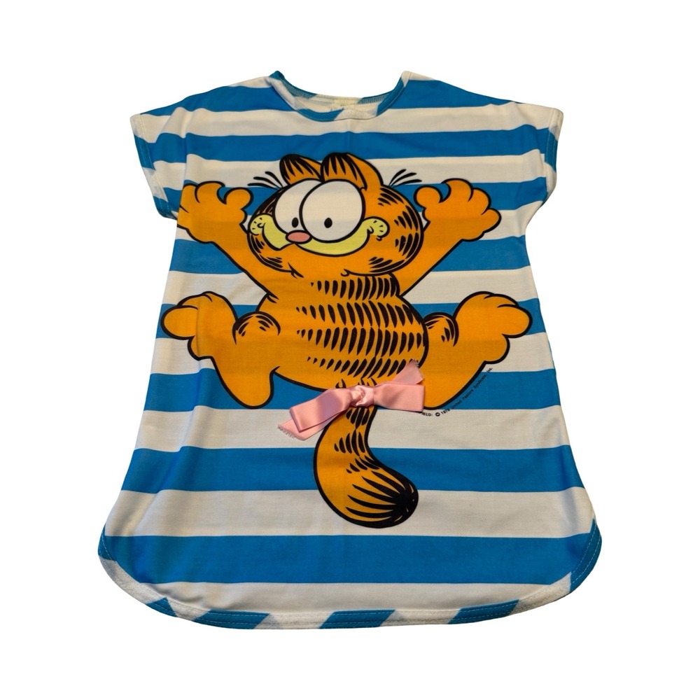Vintage‎ 1978 Garfield Nite Lees Girls Blue Striped Nightgown Sleep Shirt Size 6